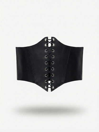 Black Leather underbust corset belt, festival waist wide corset