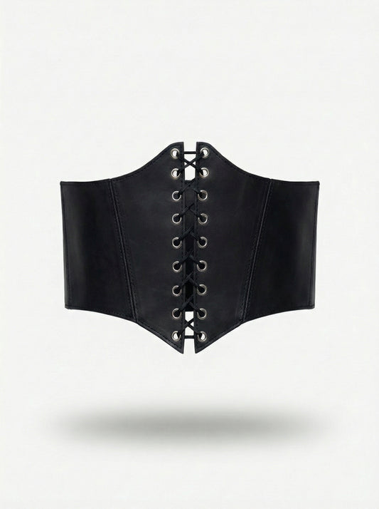 Black Leather underbust corset belt, festival waist wide corset
