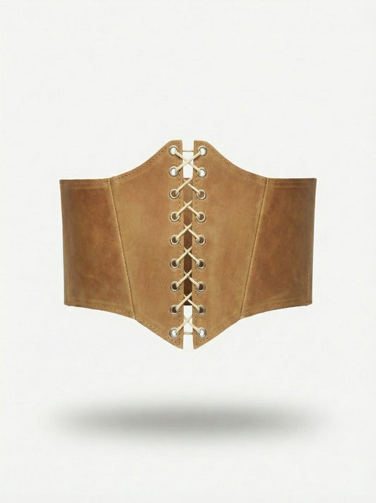 Beige Leather underbust corset belt, festival waist wide corset