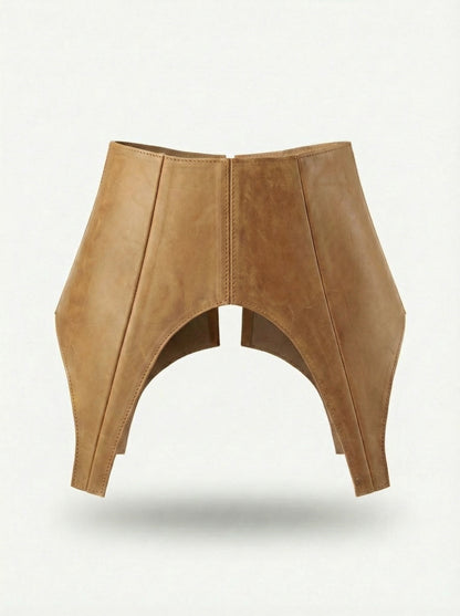 Beige Leather Peplum Basque Belt – Structured Waist Corset Belt