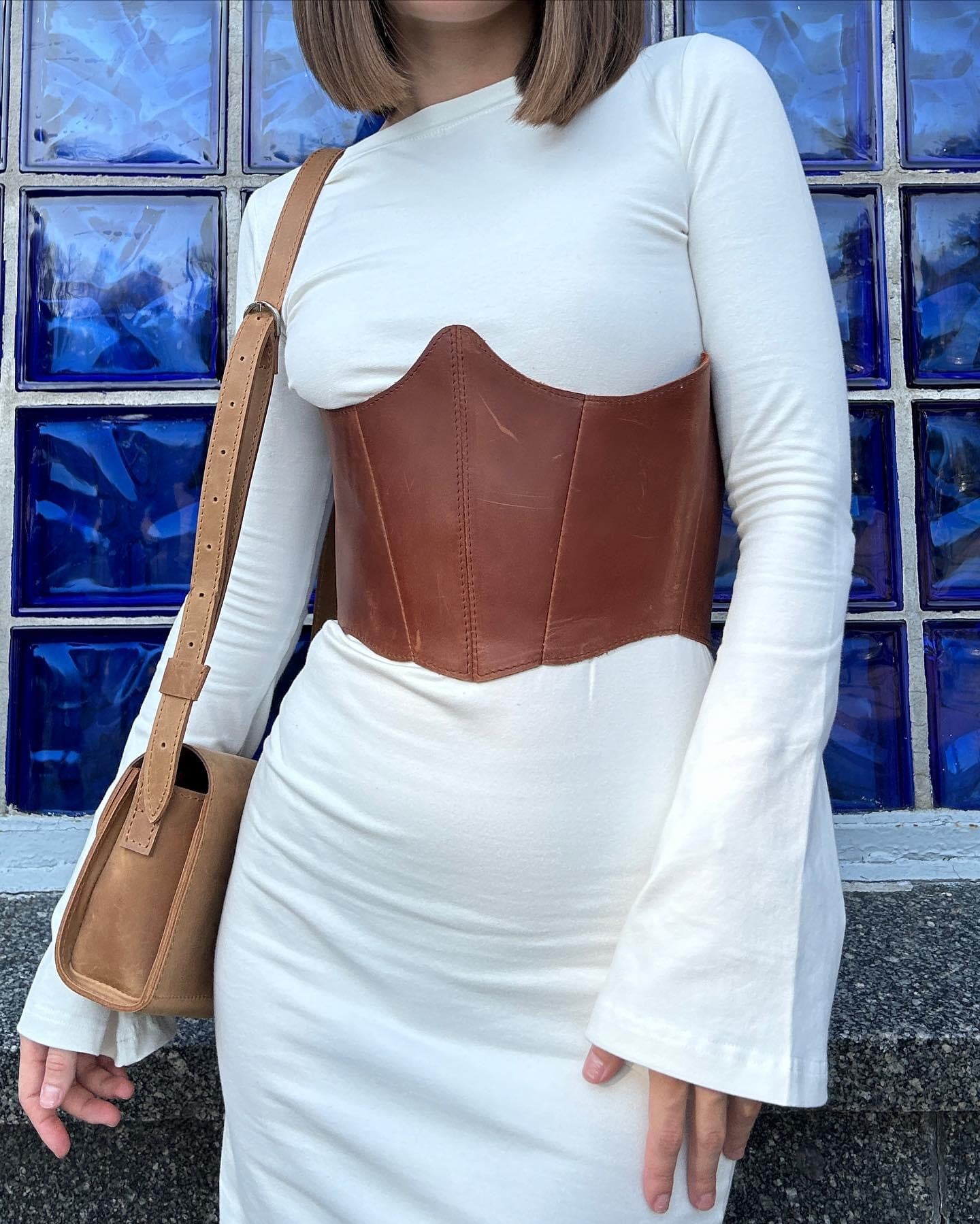 Cognac Underbust Leather Corset – Structured Waist Shaping Belt