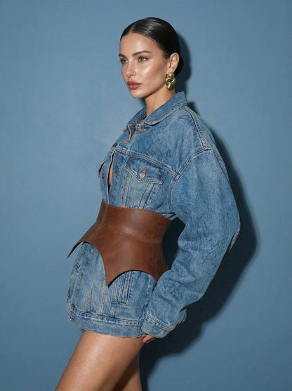 cognac leather basque belt cutout peplum waist belt structured waist belt brown leather belt sculpted waist belt statement outfit styling modern fashion belt
