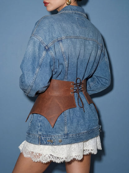 cognac leather basque belt cutout peplum waist belt structured waist belt brown leather belt sculpted waist belt statement outfit styling modern fashion belt
