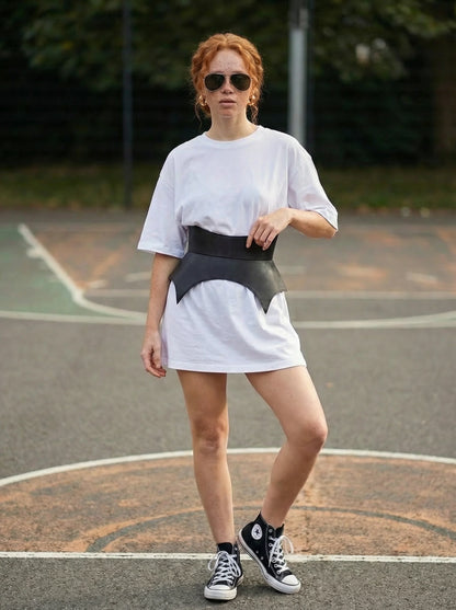 black leather basque belt cutout peplum waist belt structured waist belt sculpted leather belt statement outfit styling modern fashion waist belt