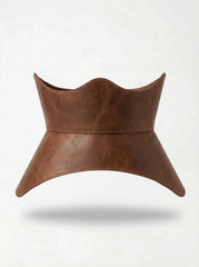 Cognac leather corset belt outfit, peplum waist cincher styling