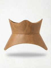 Beige leather corset belt outfit, peplum waist cincher styling
