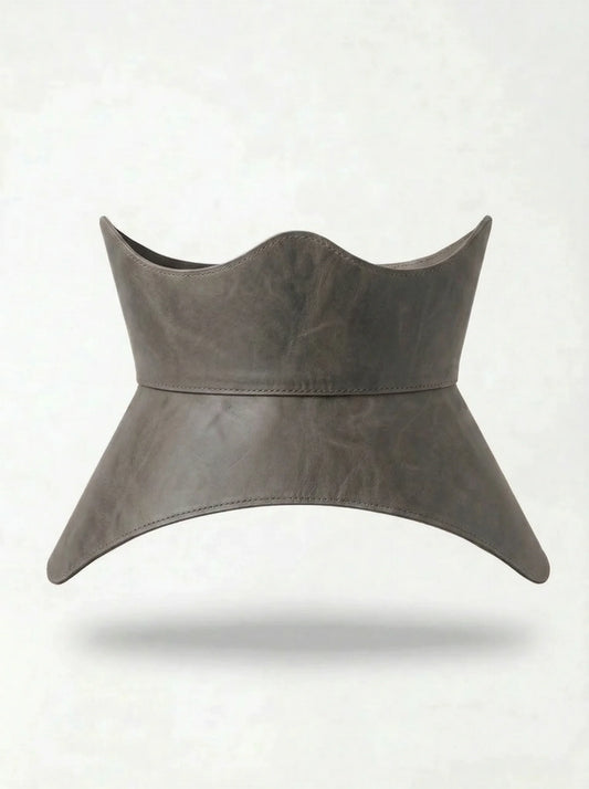 grey leather peplum corset belt structured waist cincher grey corset belt basque style waist belt minimalist outfit styling corset outfit idea neutral fashion look structured waist belt
