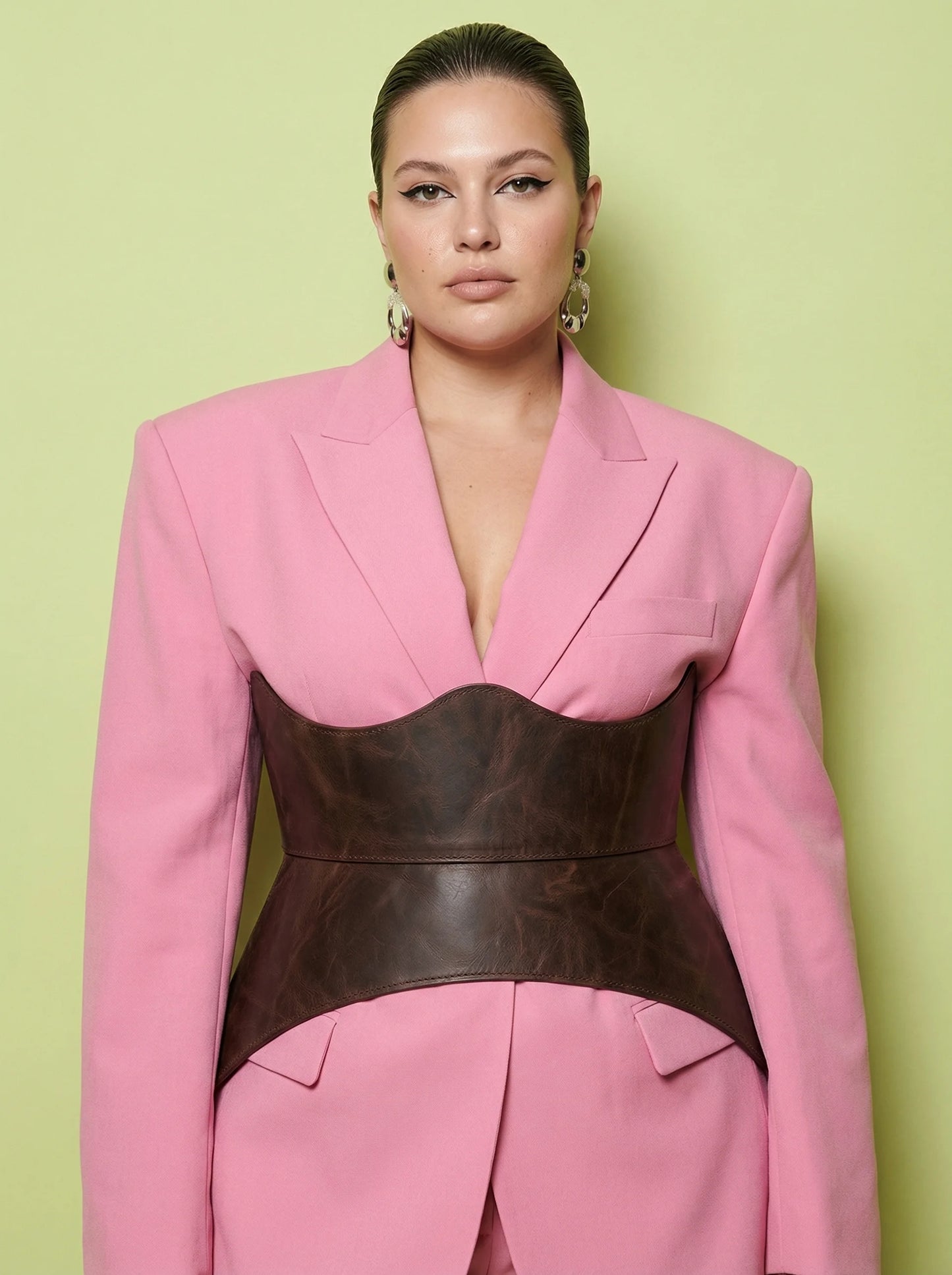 Brown leather corset belt, peplum waist cincher