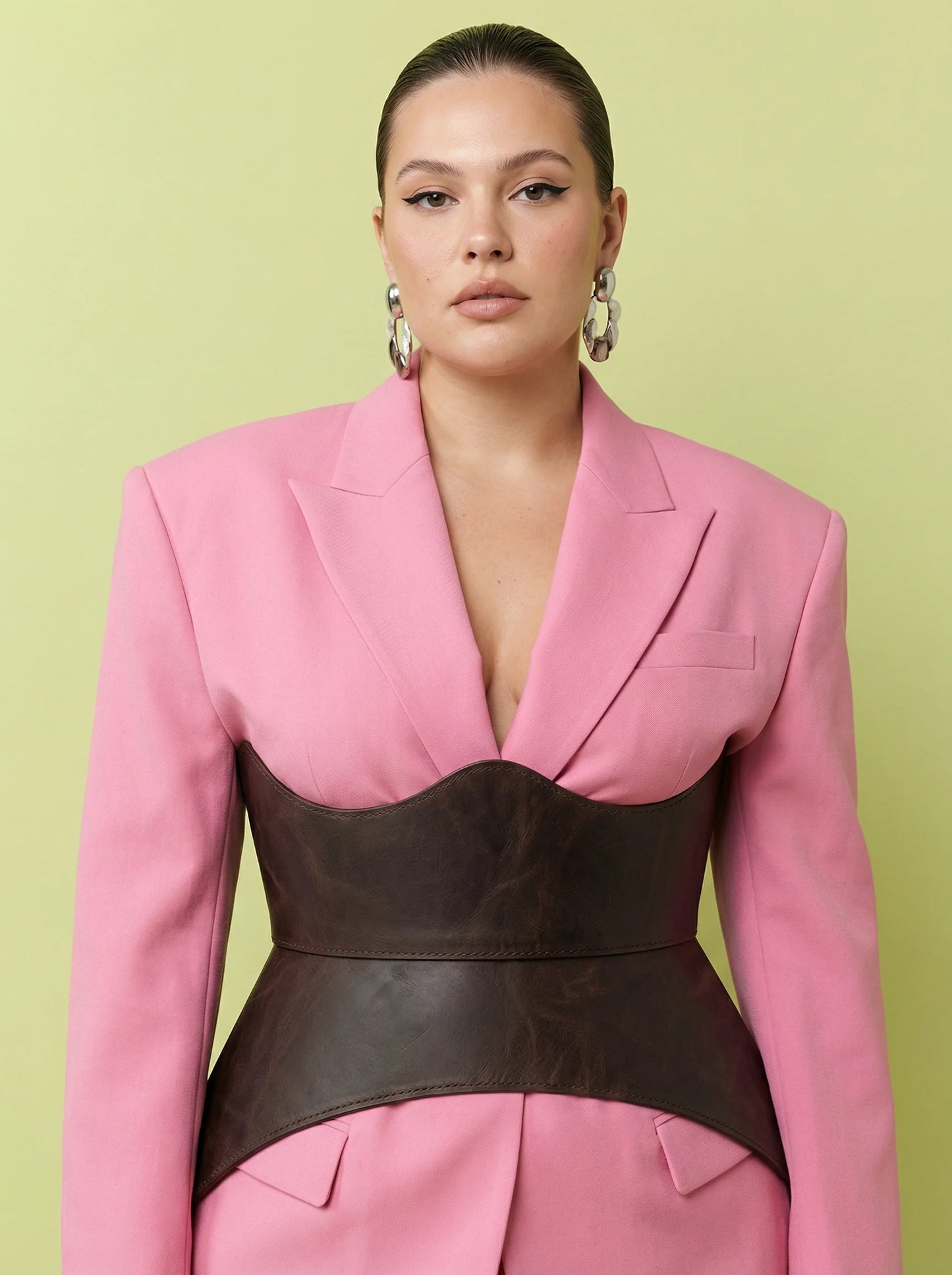 Brown leather corset belt, peplum waist cincher