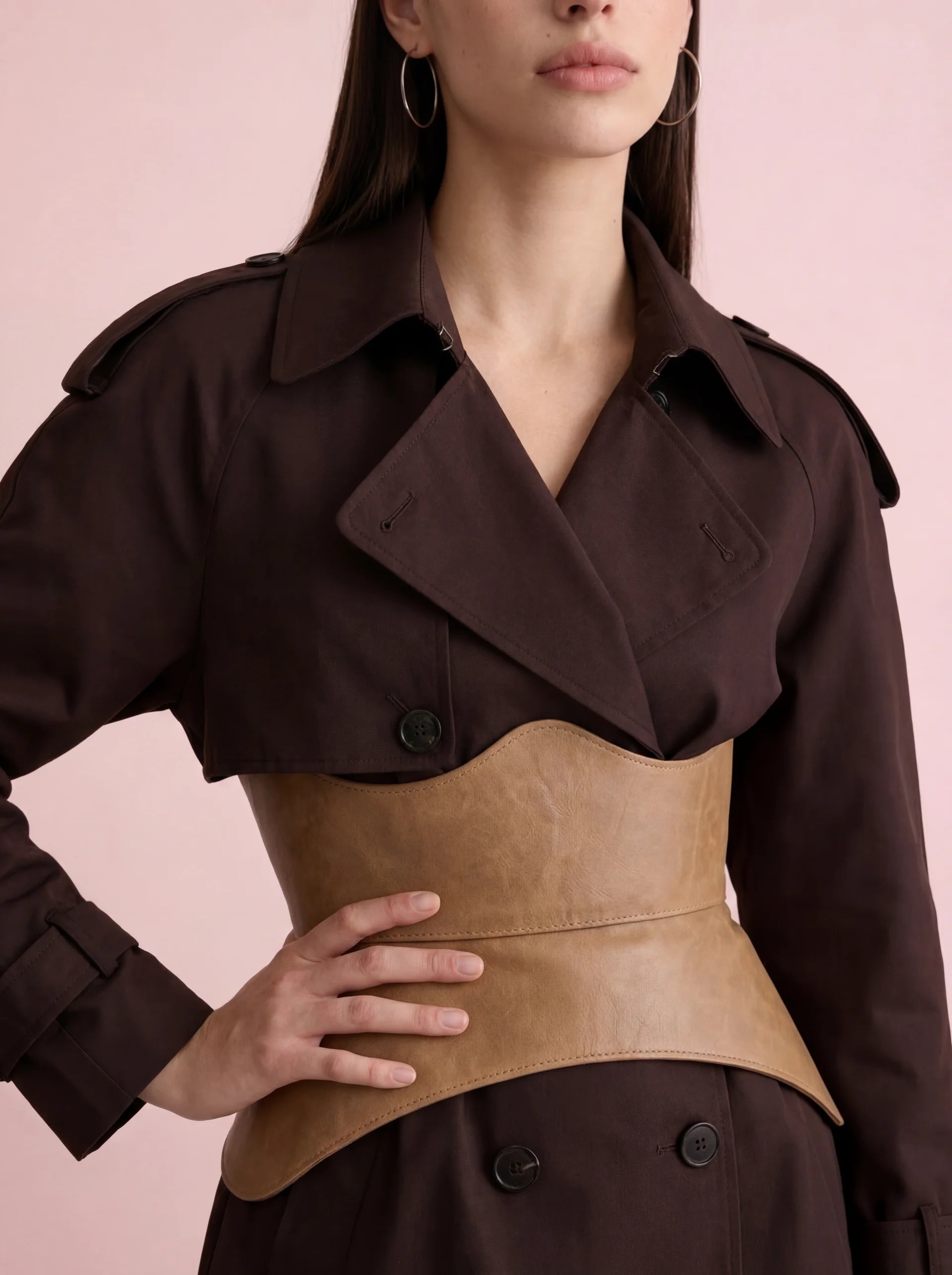 neutral beige leather corset belt peplum basque waist cincher elegant outfit styling renaissance inspired corset belt soft aesthetic fashion look
