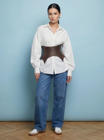 brown leather basque belt cutout peplum waist belt structured waist belt sculpted leather belt fashion waist belt modern outfit styling statement belt
