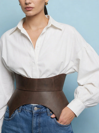 brown leather waist belt sculpted basque cutout belt structured peplum belt fashion outfit styling neutral outfit accessory statement waist belt