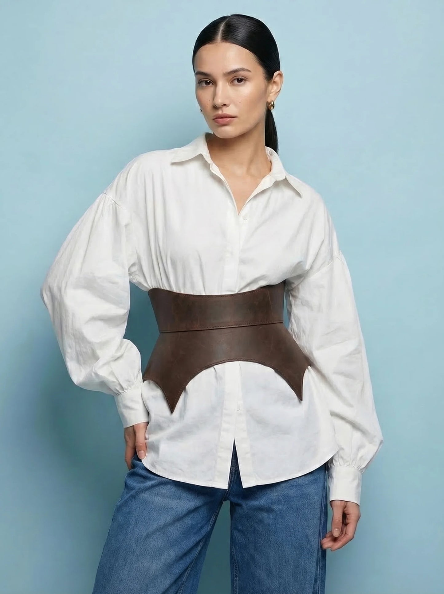 brown leather waist belt sculpted basque cutout belt structured peplum belt fashion outfit styling neutral outfit accessory statement waist belt
