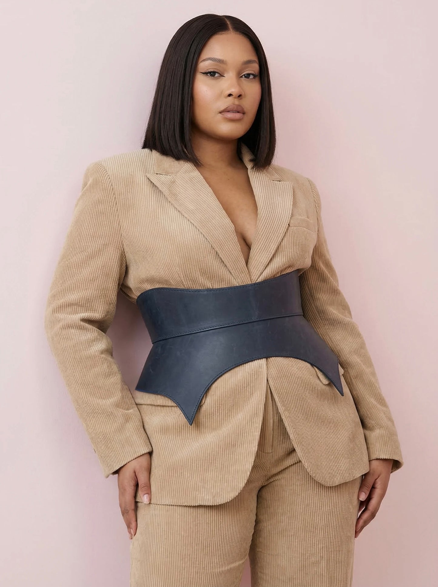 blue leather basque belt cutout peplum waist belt structured waist belt sculpted leather belt denim outfit styling statement fashion waist belt