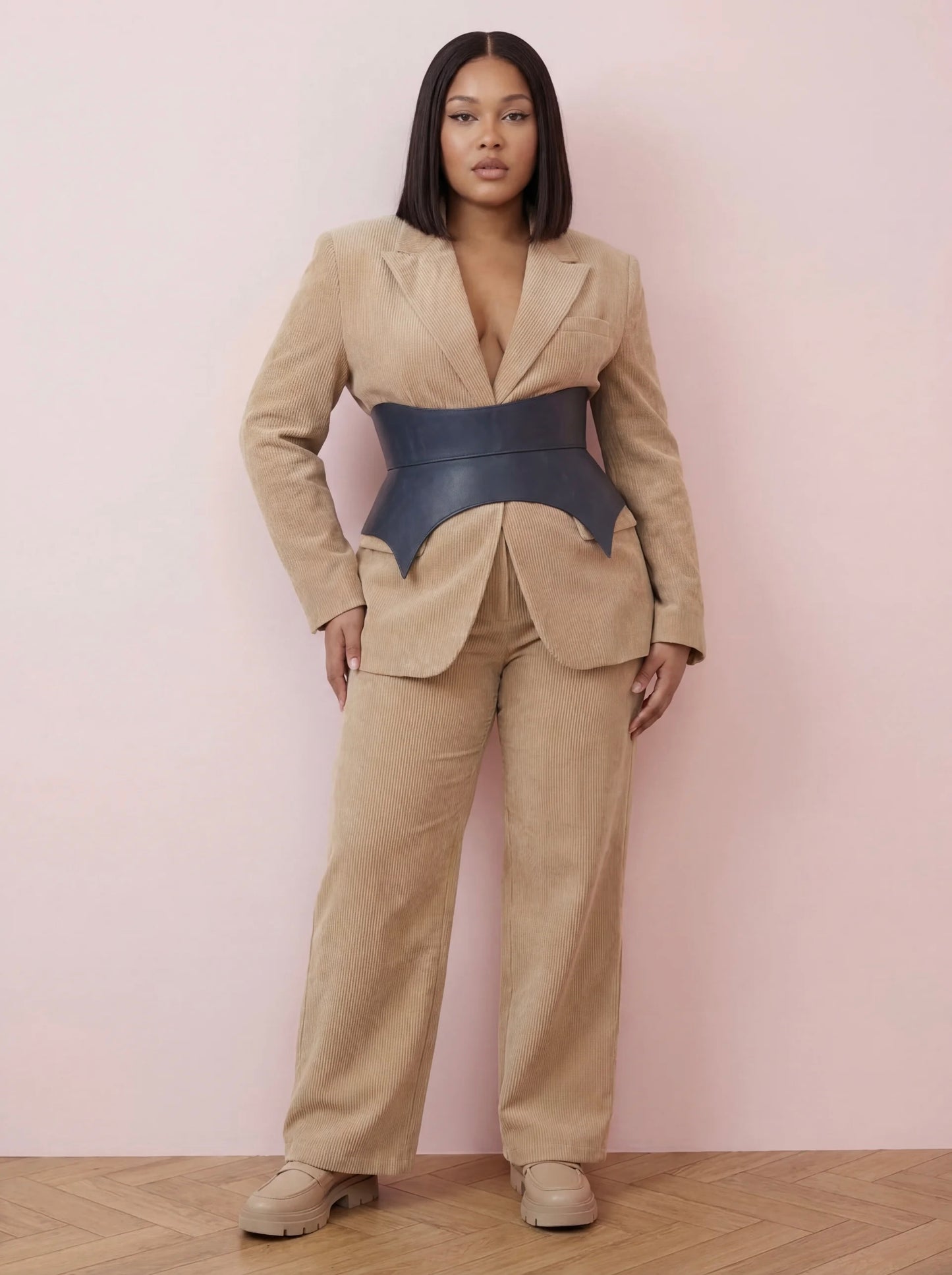 blue leather basque belt cutout peplum waist belt structured waist belt sculpted leather belt denim outfit styling statement fashion waist belt