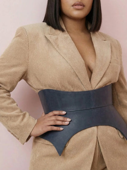 blue leather basque belt cutout peplum waist belt structured waist belt sculpted leather belt denim outfit styling statement fashion waist belt