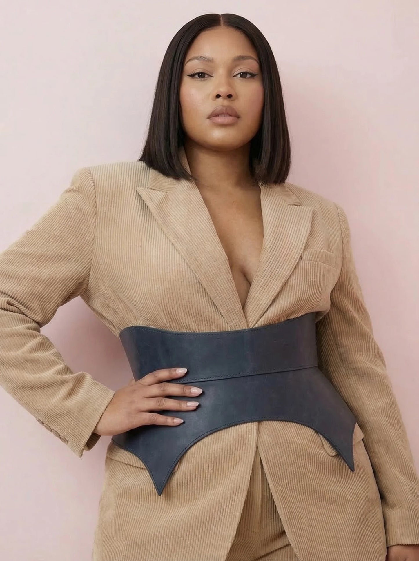 blue leather basque belt cutout peplum waist belt structured waist belt sculpted leather belt denim outfit styling statement fashion waist belt