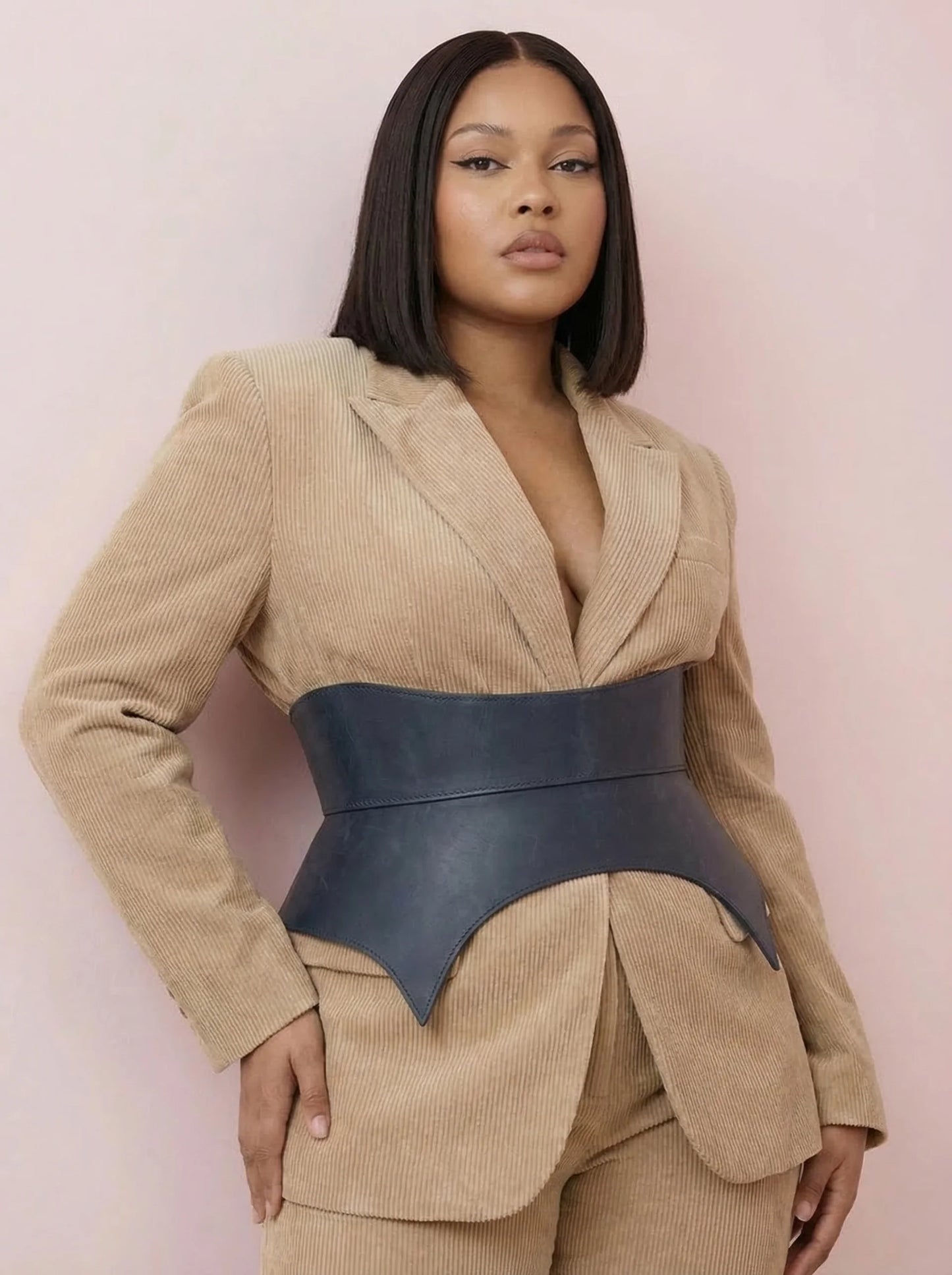 blue leather basque belt cutout peplum waist belt structured waist belt sculpted leather belt denim outfit styling statement fashion waist belt