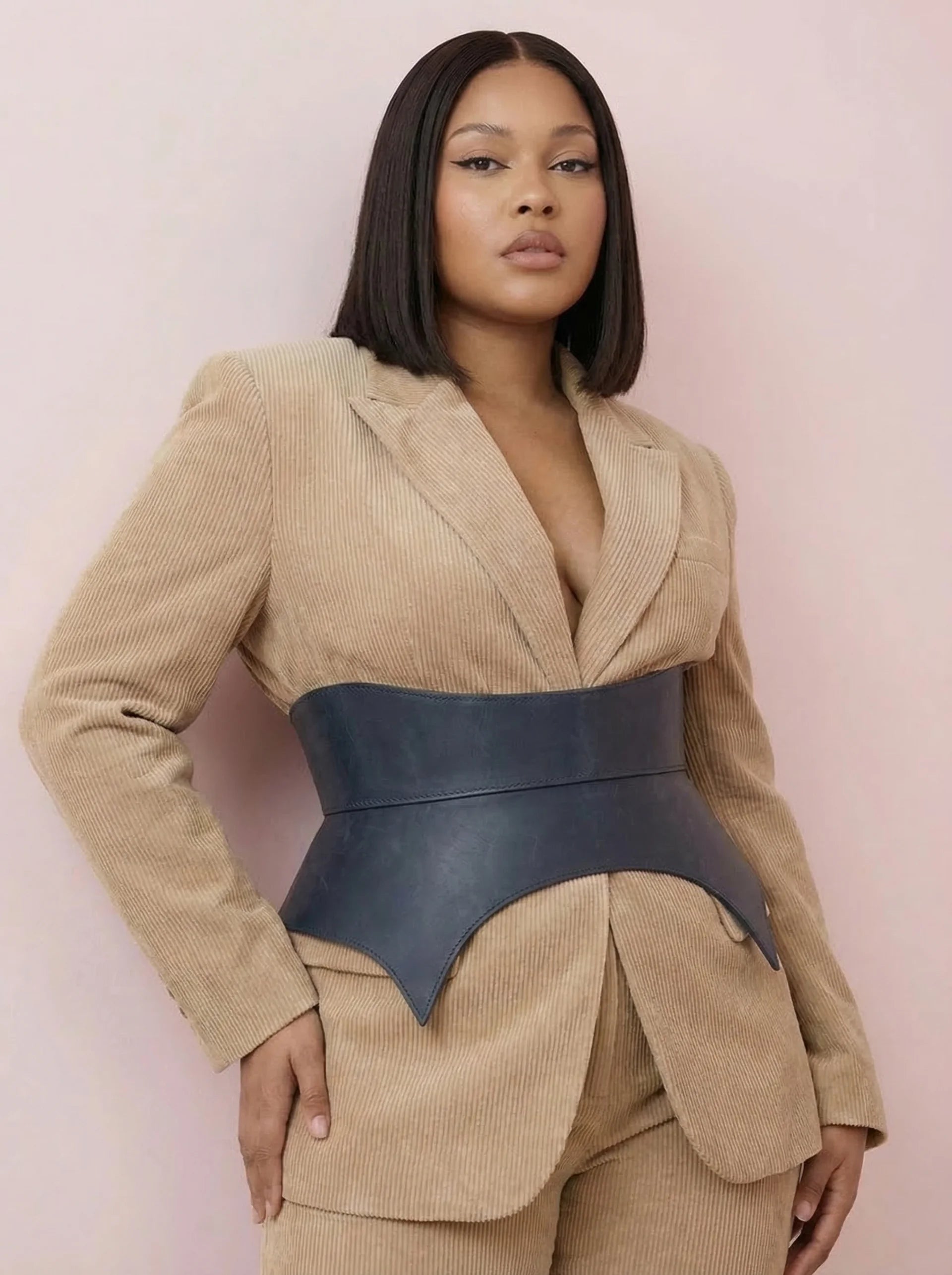 blue leather basque belt cutout peplum waist belt structured waist belt sculpted leather belt denim outfit styling statement fashion waist belt