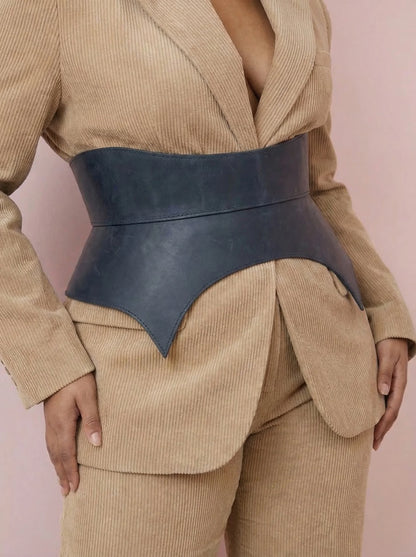 blue leather basque belt cutout peplum waist belt structured waist belt sculpted leather belt denim outfit styling statement fashion waist belt