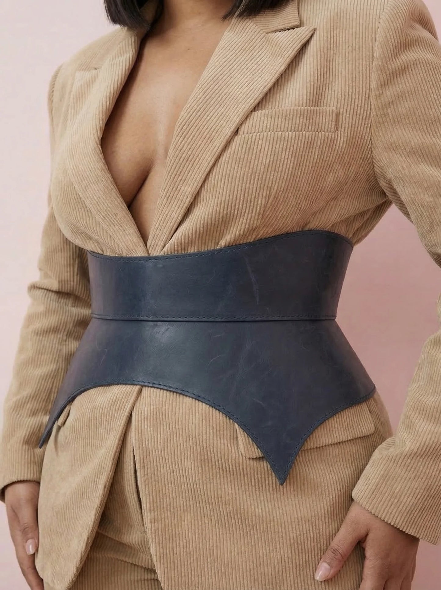 blue leather basque belt cutout peplum waist belt structured waist belt sculpted leather belt denim outfit styling statement fashion waist belt