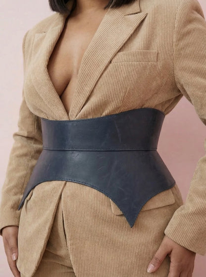 blue leather basque belt cutout peplum waist belt structured waist belt sculpted leather belt denim outfit styling statement fashion waist belt
