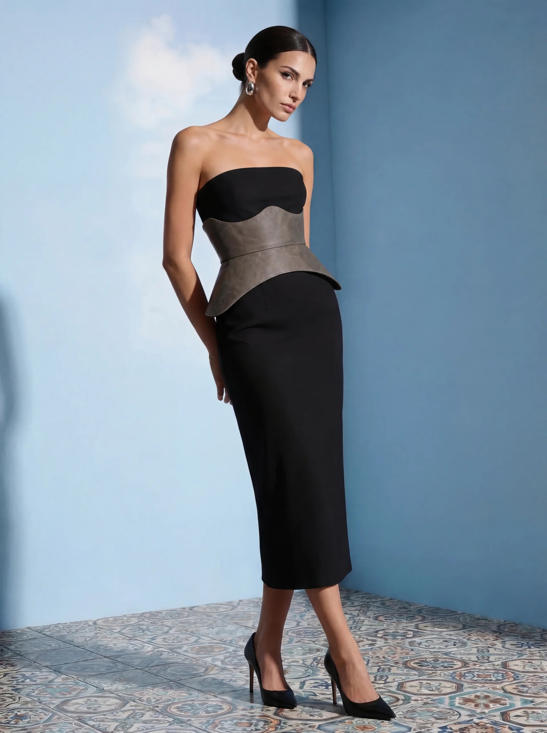 grey leather peplum corset belt structured waist cincher grey corset belt basque style waist belt minimalist outfit styling corset outfit idea neutral fashion look structured waist belt
