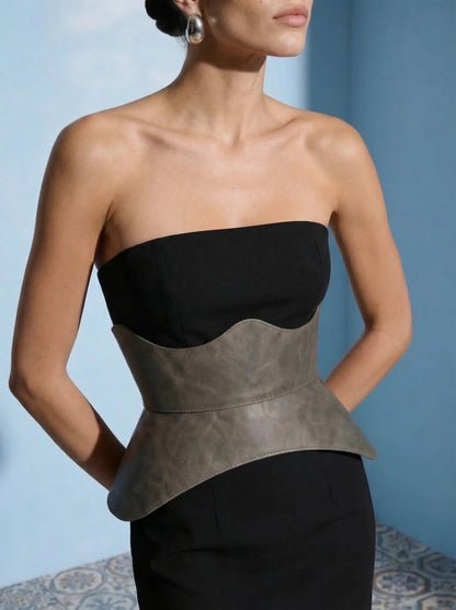 grey corset belt leather peplum waist cincher structured basque belt minimal outfit styling monochrome outfit corset styling feminine waist belt look