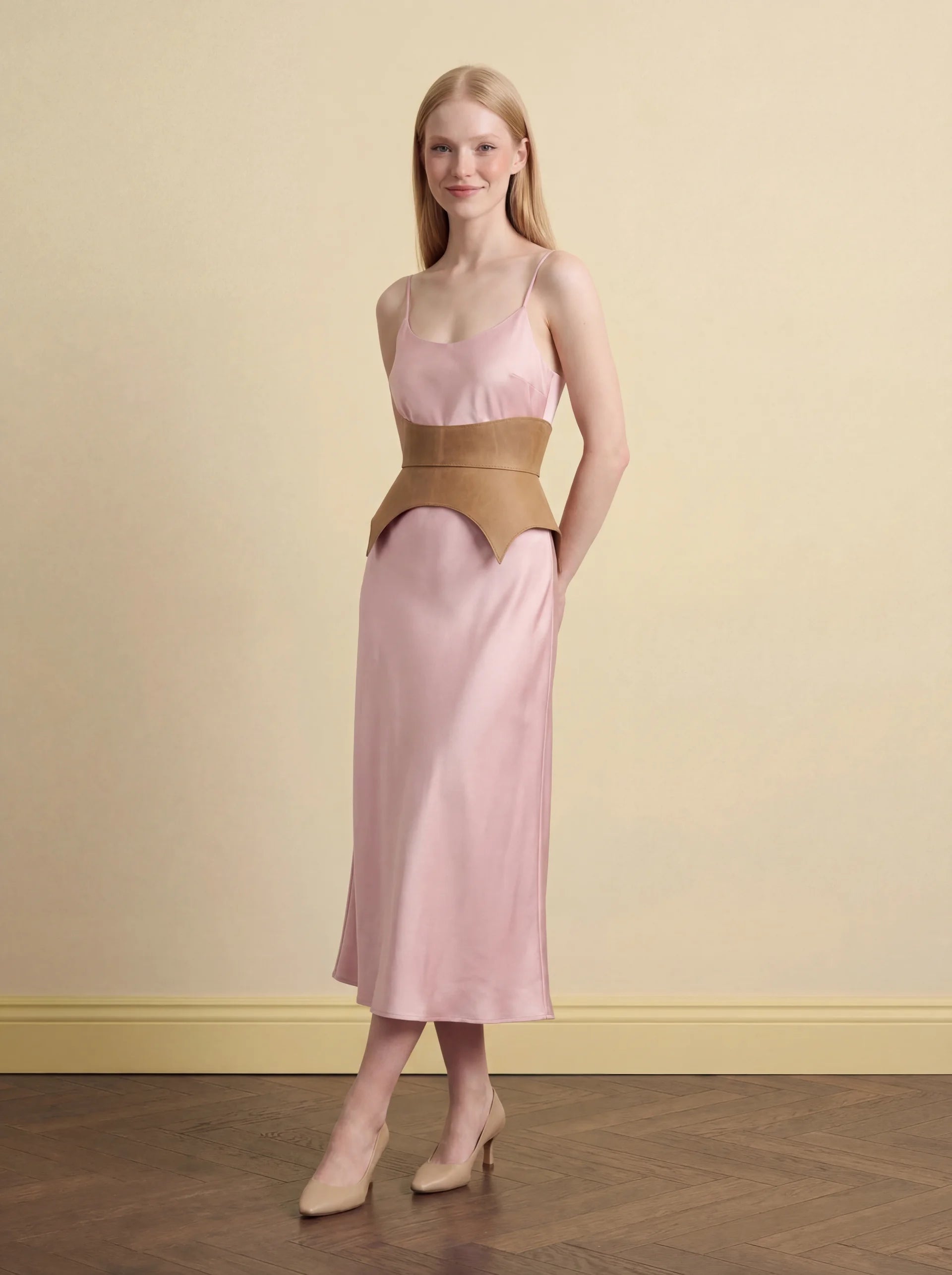 beige leather basque belt cutout peplum waist belt structured waist belt neutral leather belt minimalist outfit styling statement waist belt modern fashion