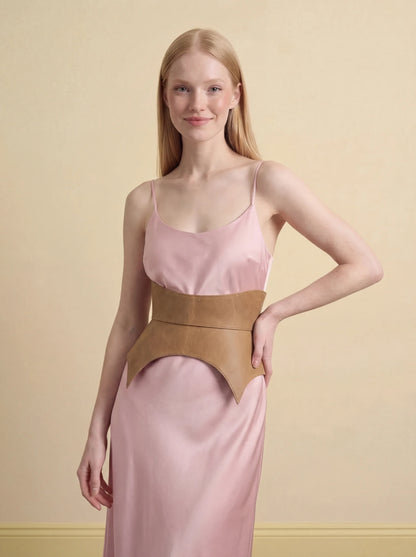 beige leather basque belt cutout peplum waist belt structured waist belt neutral leather belt minimalist outfit styling statement waist belt modern fashion