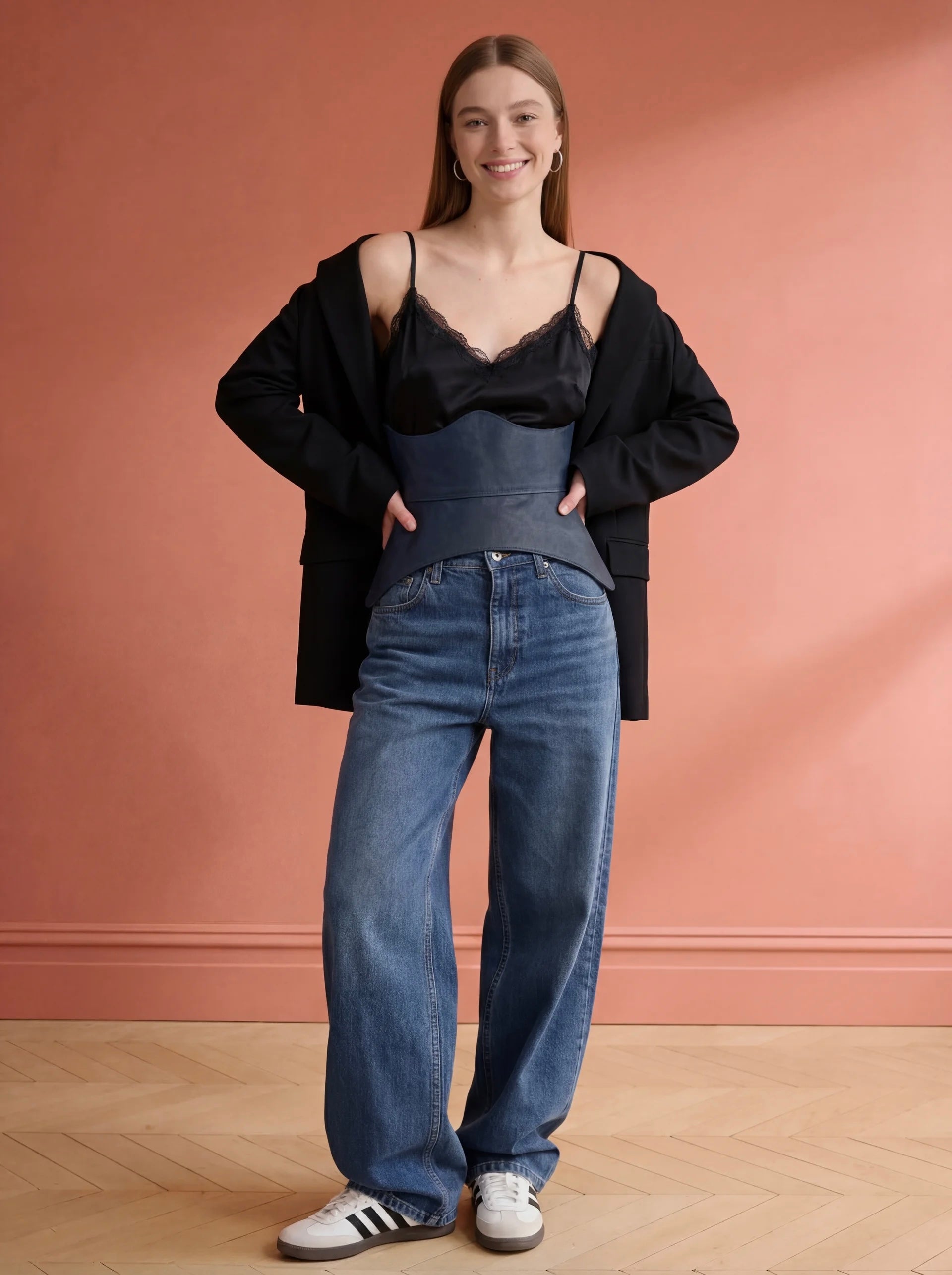 blue corset belt leather peplum waist cincher structured basque belt denim outfit corset styling modern outfit look feminine waist belt fashion