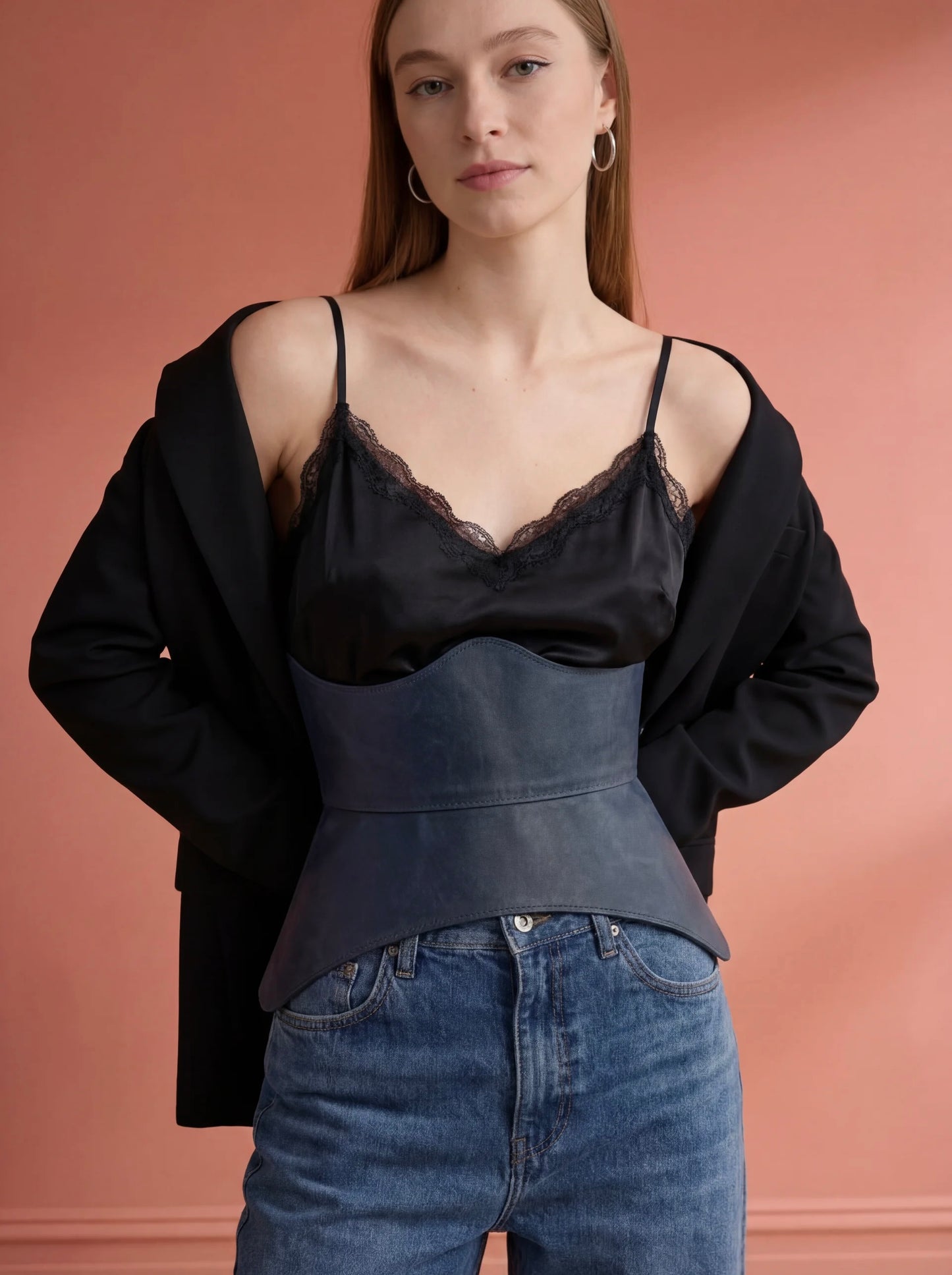 blue corset belt leather peplum waist cincher structured basque belt denim outfit corset styling modern outfit look feminine waist belt fashion