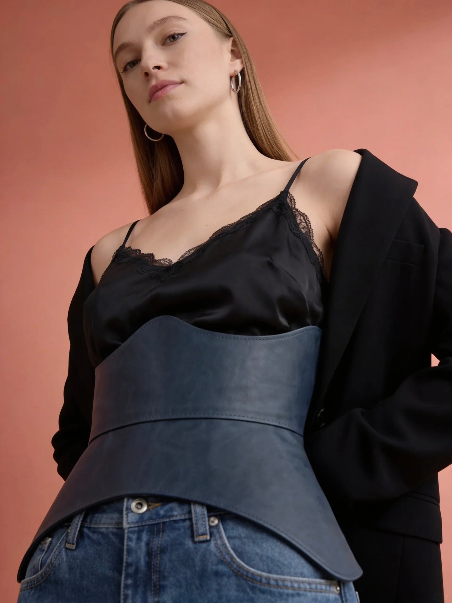 deep blue leather corset belt peplum basque waist cincher statement outfit styling renaissance inspired corset belt bold fashion look structured belt