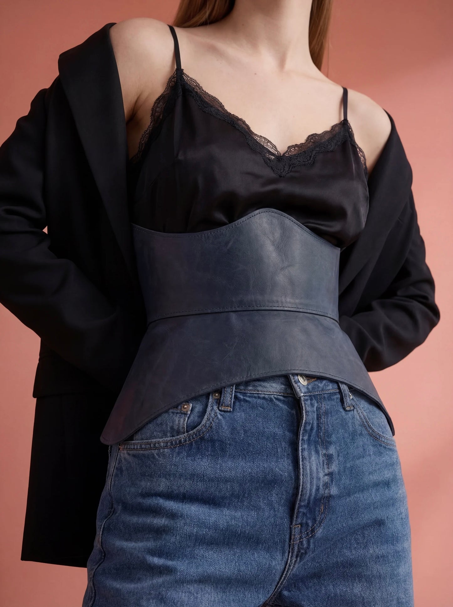 deep blue leather corset belt peplum basque waist cincher statement outfit styling renaissance inspired corset belt bold fashion look structured belt