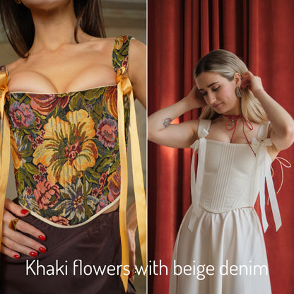 Khaki floral corset top, structured boned bodice, reversible lace up corset, off shoulder ribbon straps, waist shaping silhouette, handmade custom size corset, renaissance fair outfit, vintage botanical tapestry top, festival or evening styling
