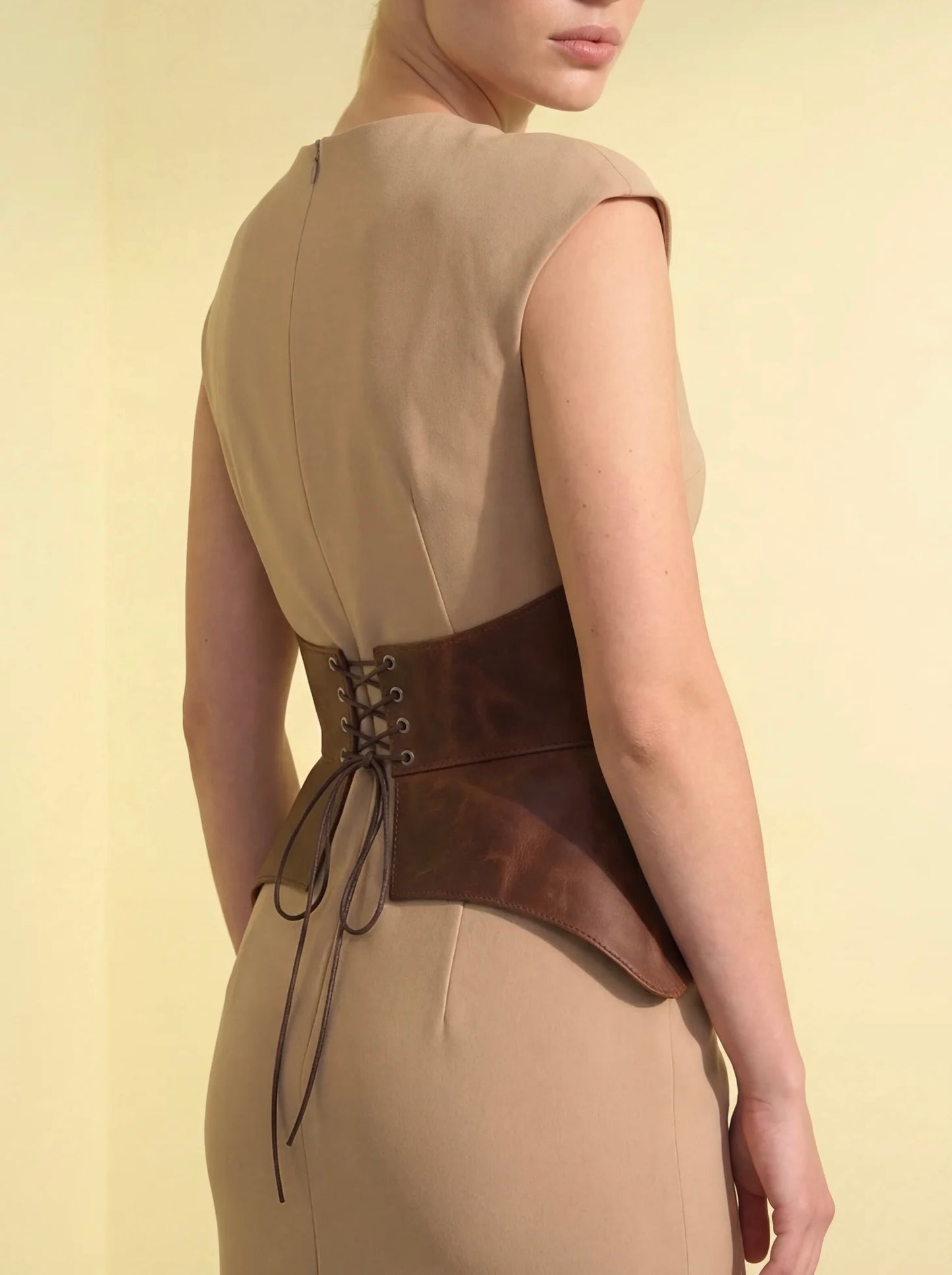 Cognac leather corset belt outfit, peplum waist cincher styling