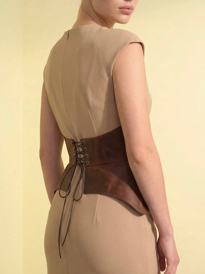Cognac leather corset belt outfit, peplum waist cincher styling