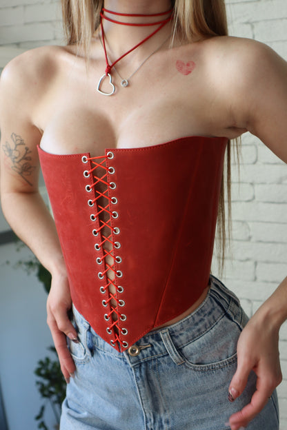 Red Leather corset top, overbust corset for rave outfit