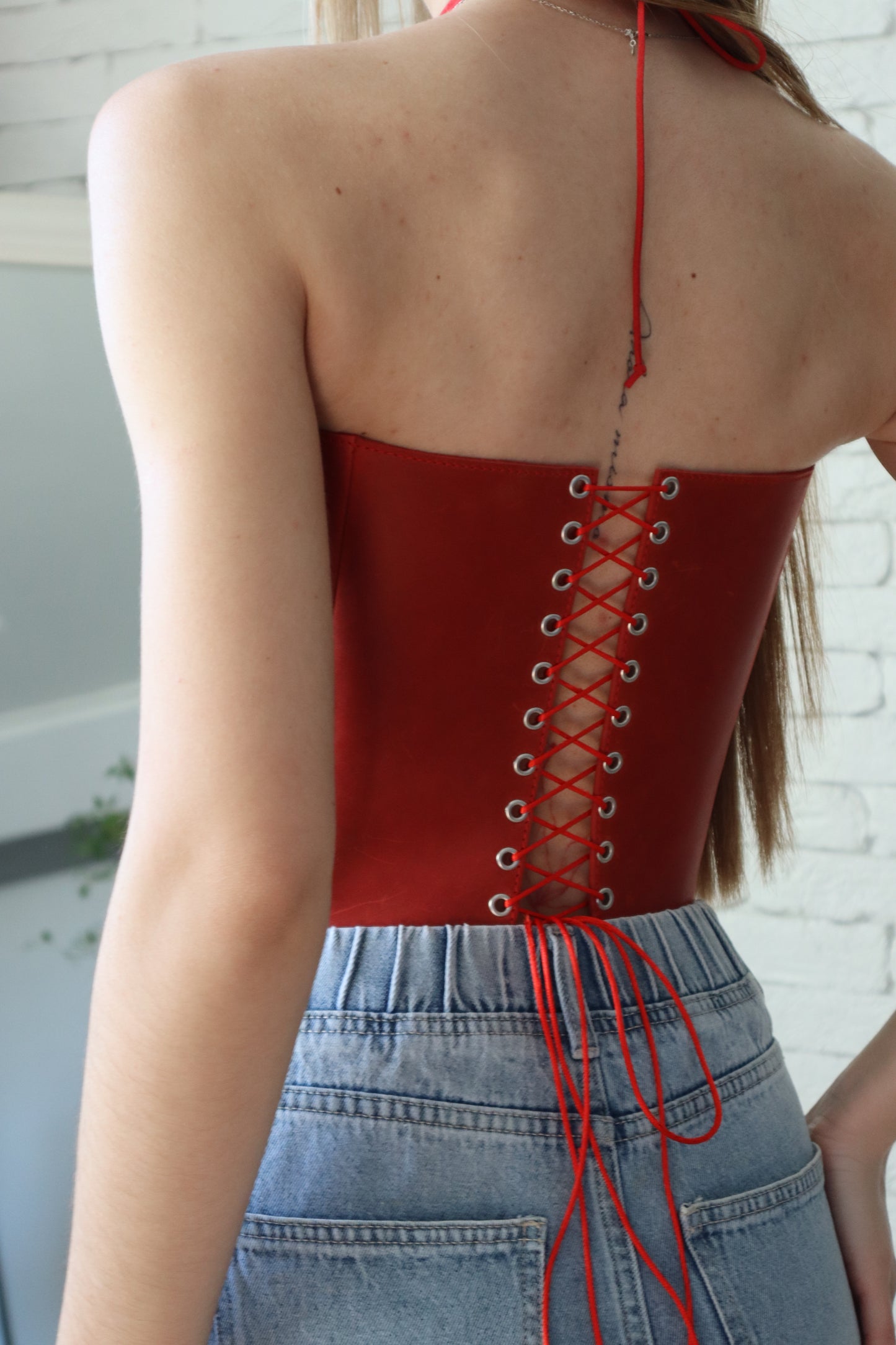Red Leather corset top, overbust corset for rave outfit