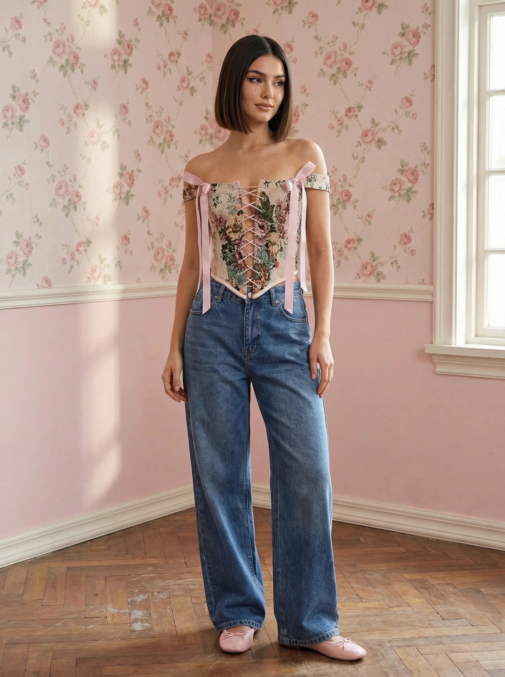 pink floral corset top reversible, lace up corset front and back, tapestry corset with pink flowers pattern, beige reversible corset top, structured overbust corset for waist shaping, romantic corset outfit aesthetic, adjustable corset top custom size, feminine silhouette corset, two sided corset pink and beige, ditogs corsets pink flowers design