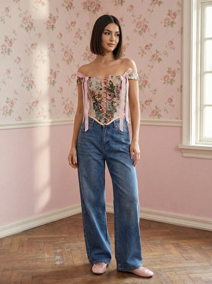 pink floral corset top reversible, lace up corset front and back, tapestry corset with pink flowers pattern, beige reversible corset top, structured overbust corset for waist shaping, romantic corset outfit aesthetic, adjustable corset top custom size, feminine silhouette corset, two sided corset pink and beige, ditogs corsets pink flowers design