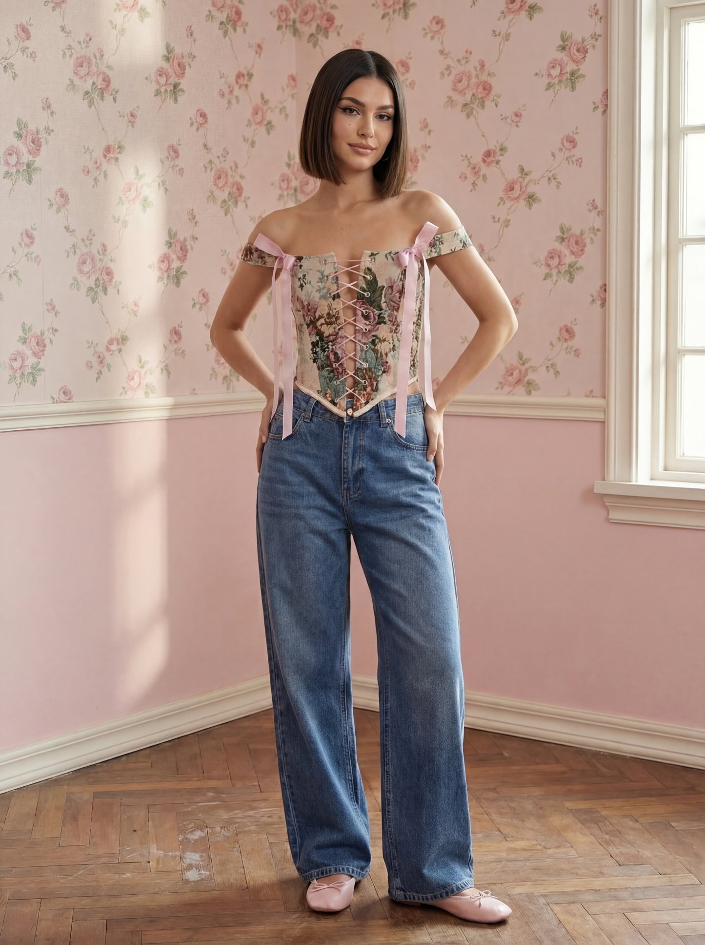 pink floral corset top reversible, lace up corset front and back, tapestry corset with pink flowers pattern, beige reversible corset top, structured overbust corset for waist shaping, romantic corset outfit aesthetic, adjustable corset top custom size, feminine silhouette corset, two sided corset pink and beige, ditogs corsets pink flowers design