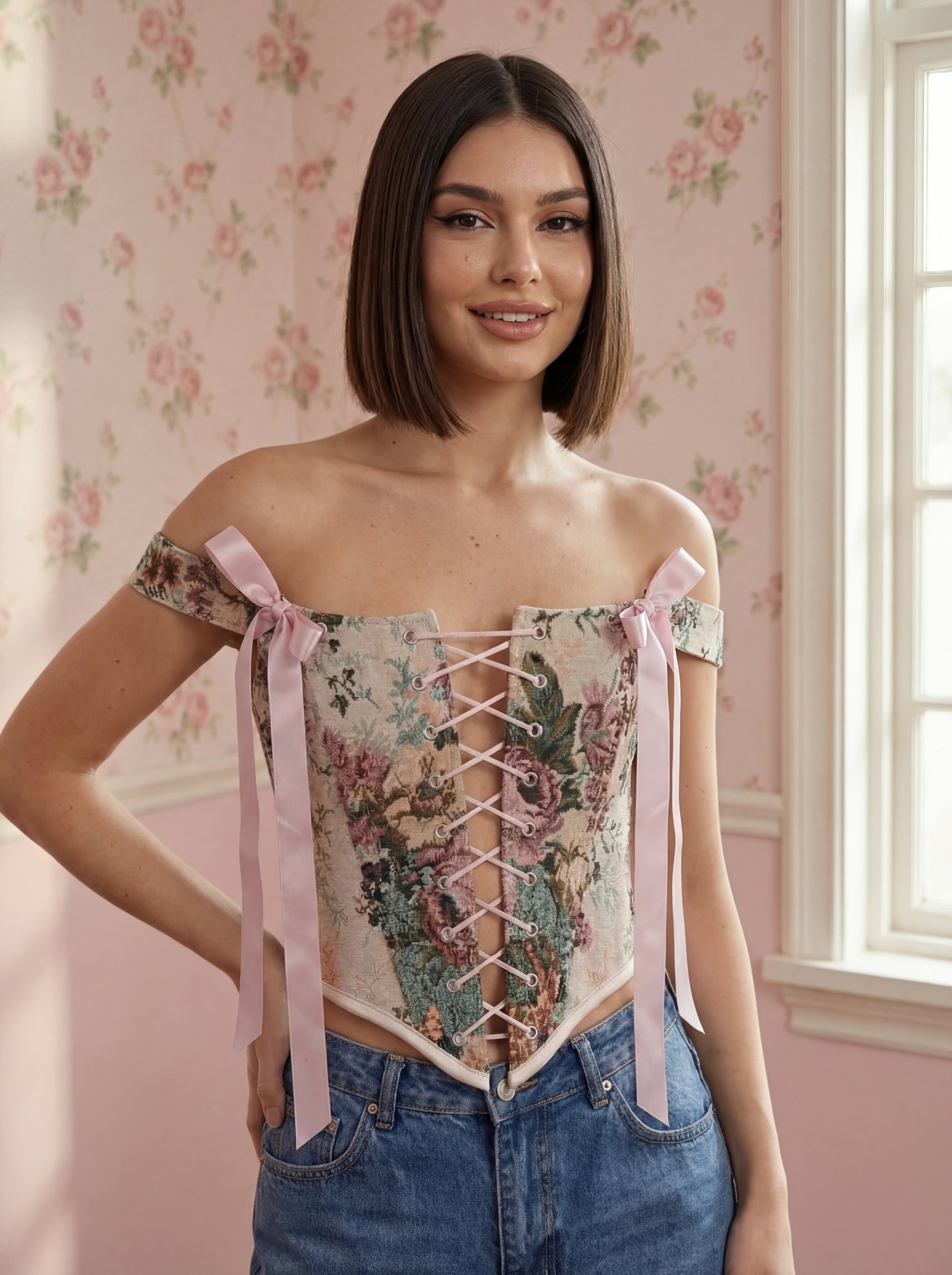 pink floral corset top reversible, lace up corset front and back, tapestry corset with pink flowers pattern, beige reversible corset top, structured overbust corset for waist shaping, romantic corset outfit aesthetic, adjustable corset top custom size, feminine silhouette corset, two sided corset pink and beige, ditogs corsets pink flowers design