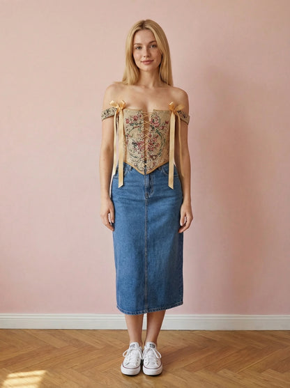 cognac floral corset top reversible, lace up corset front and back, tapestry corset with cognac flowers pattern, cognac denim reversible corset top, structured overbust corset for waist shaping, adjustable corset top custom size, warm tone corset outfit aesthetic, feminine silhouette shaping corset, two sided corset cognac fabric, ditogs corsets cognac flowers design
