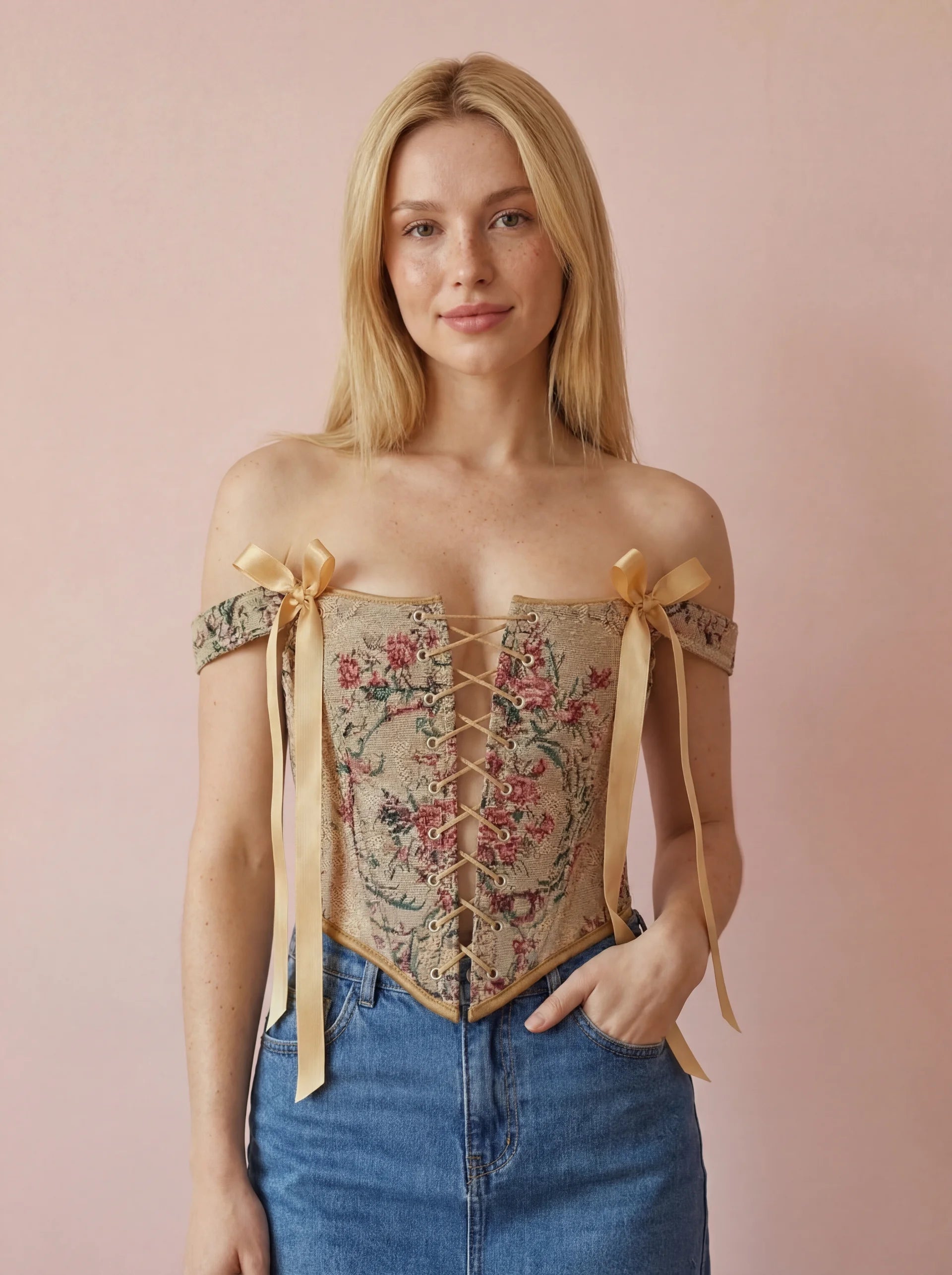 cognac floral corset top reversible, lace up corset front and back, tapestry corset with cognac flowers pattern, cognac denim reversible corset top, structured overbust corset for waist shaping, adjustable corset top custom size, warm tone corset outfit aesthetic, feminine silhouette shaping corset, two sided corset cognac fabric, ditogs corsets cognac flowers design
