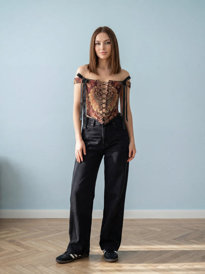 gold floral corset top reversible, lace up corset front and back, tapestry corset with gold flowers pattern, black reversible corset top, structured overbust corset for waist shaping, adjustable corset top custom size, elegant gold corset outfit aesthetic, feminine silhouette shaping corset, two sided corset gold and black, ditogs corsets gold flowers design