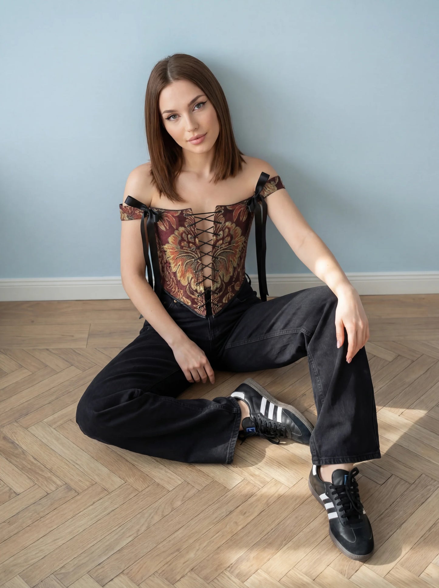 gold floral corset top reversible, lace up corset front and back, tapestry corset with gold flowers pattern, black reversible corset top, structured overbust corset for waist shaping, adjustable corset top custom size, elegant gold corset outfit aesthetic, feminine silhouette shaping corset, two sided corset gold and black, ditogs corsets gold flowers design