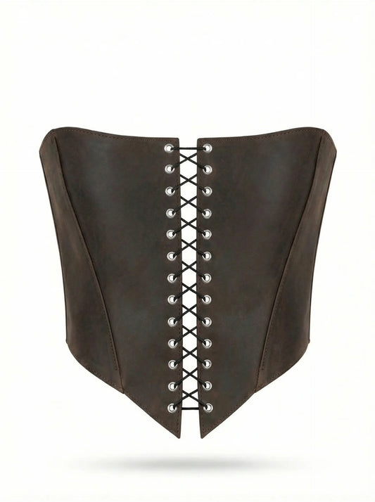 Brown Leather corset top, overbust corset for rave outfit