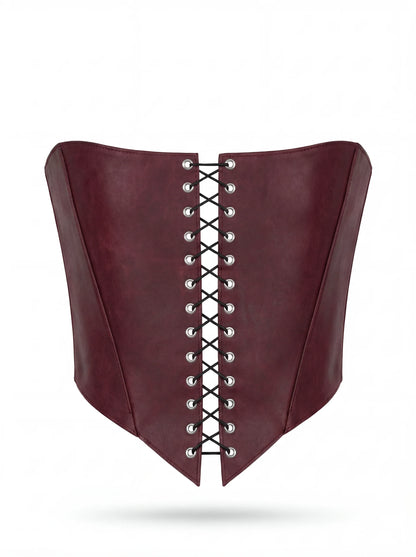 Burgundy Leather corset top, overbust corset for rave outfit