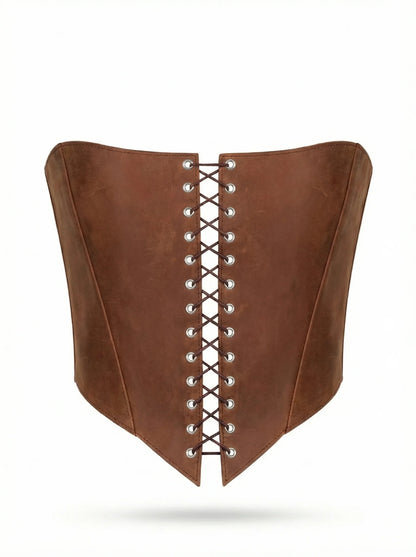 Cognac Leather corset top, overbust corset for rave outfit